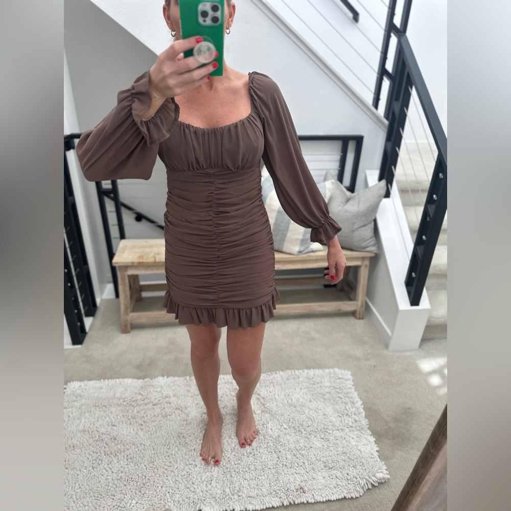 Blush Tan Long Sleeve Ruched Mini Dress | Ruffle Hem | Formal Party | Size M - Picture 3 of 10